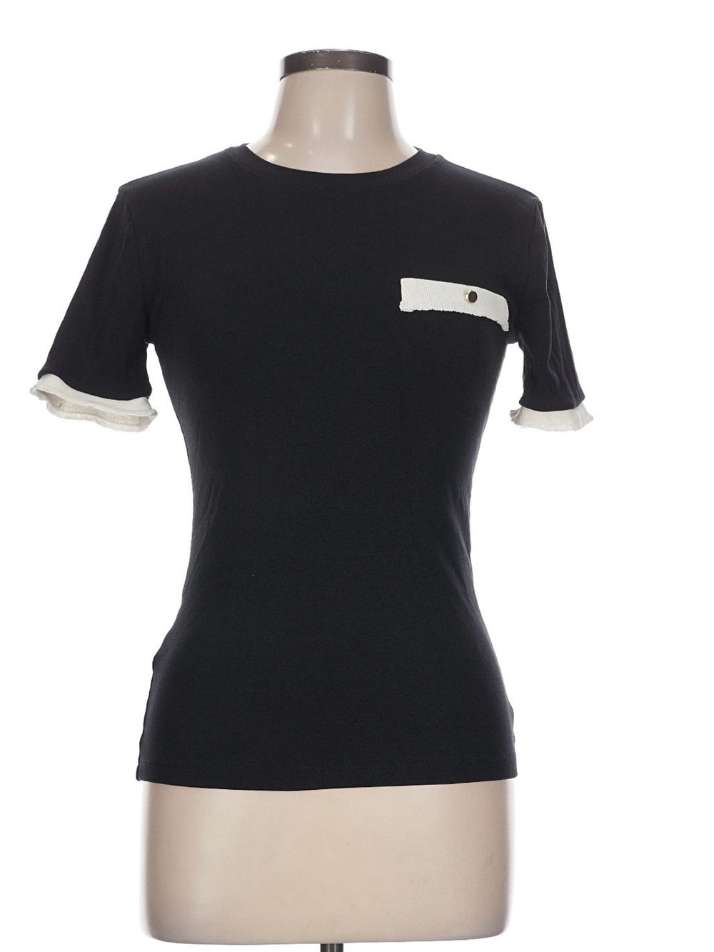 Zara Black Short Sleeve Tee with Cream Ruffle Trim and Pocket Accent